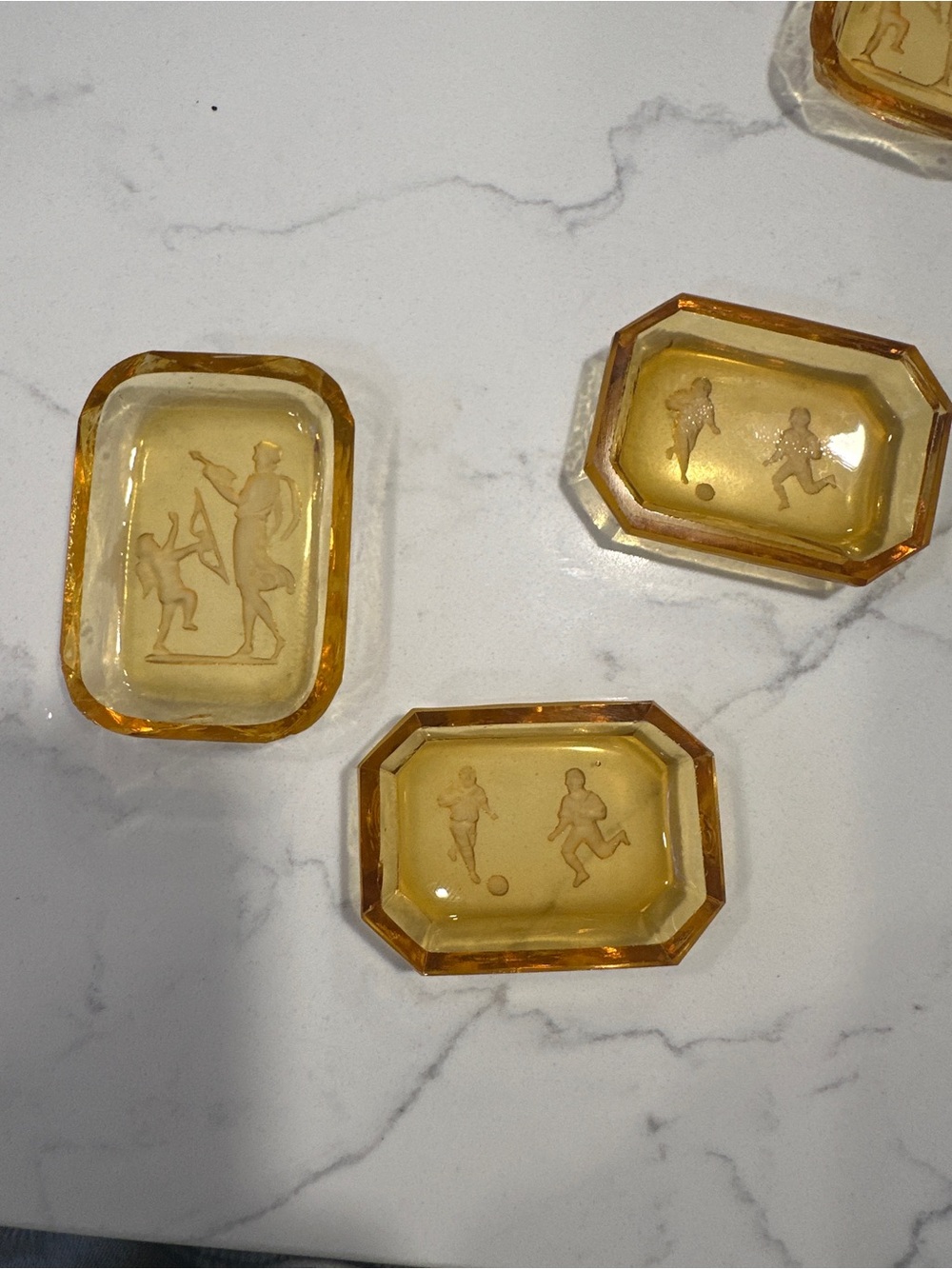 3 VINTAGE CZECHOSLOVAKIA AMBER GLASS INTAGLIO SALT CELLAR